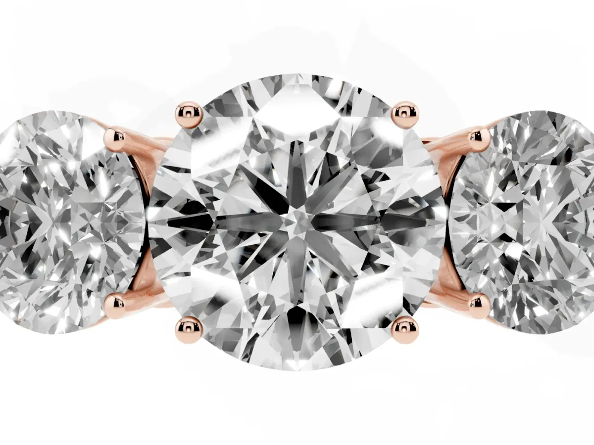 Round Cut Diamond Three-Stone Ring with Prong Setting and Textured Band Rose gold