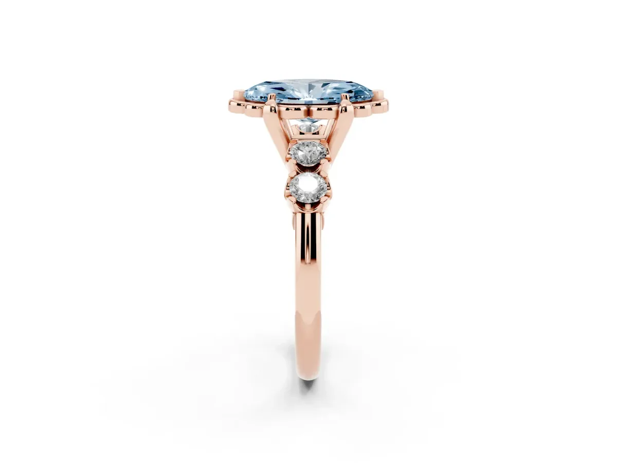 Fancy Blue Marquise Cut Cut Diamond Floral Halo Engagement Ring with Shared Prong Setting Rose gold