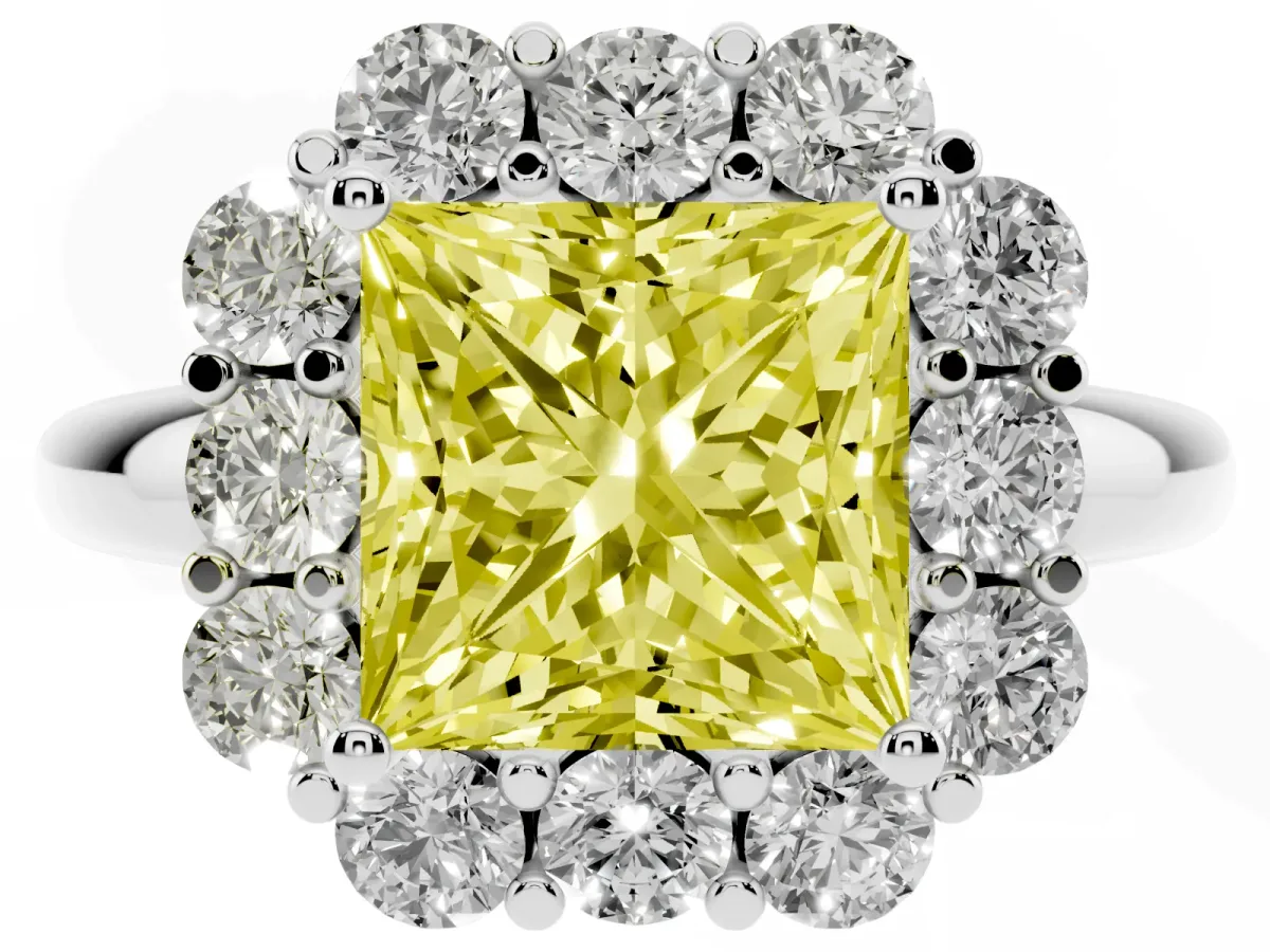 Fancy Yellow Princess Cut Halo Milgrain Solitaire with Bezel Set Side Stones and Pave Band Silver