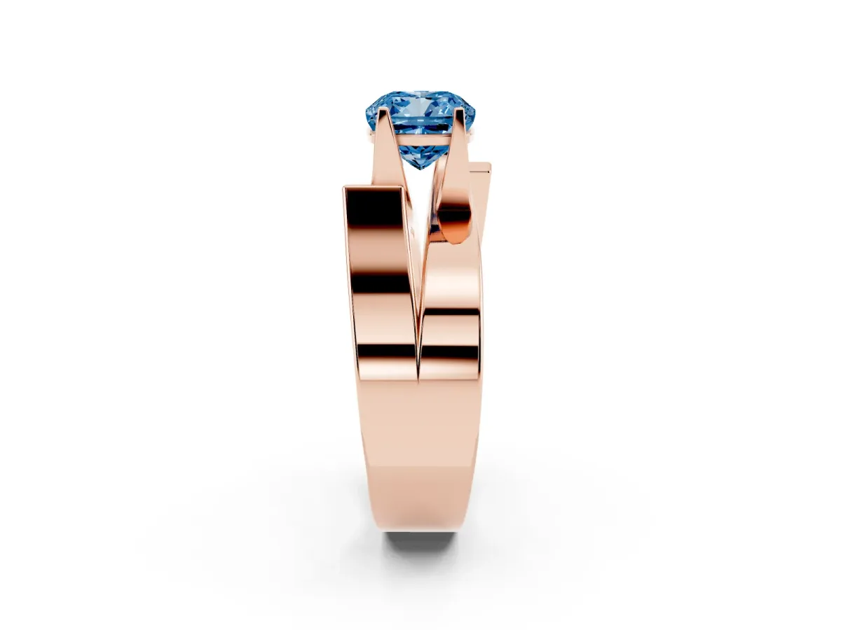Fancy Blue Modern Tension Set Cushion Cut Diamond Solitaire Wide Band Ring Rose gold