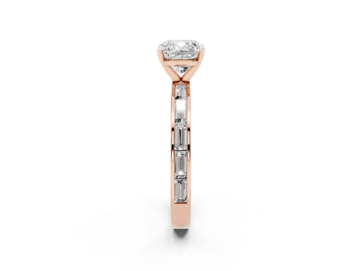Cushion Cut Solitaire Diamond Ring with Channel-Set Baguette Band and Four-Prong Setting Rose gold