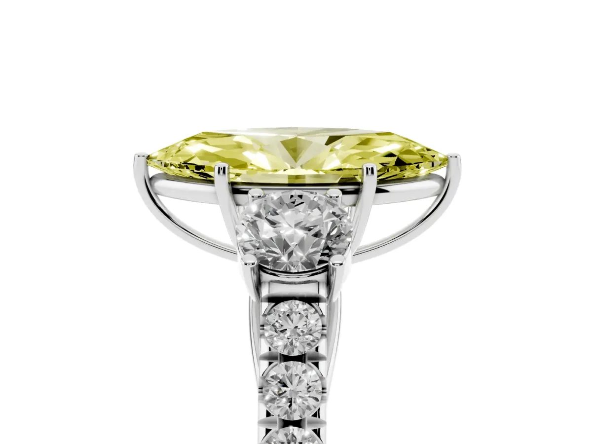 Fancy Yellow Marquise Cut Cut Diamond Three-Stone Ring with Round Side Stones and Pavé Band Silver