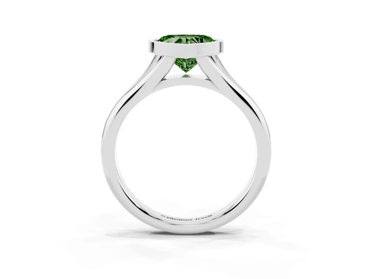 Fancy Green Bezel Set Heart Cut Solitaire Diamond Ring with Smooth Band Silver