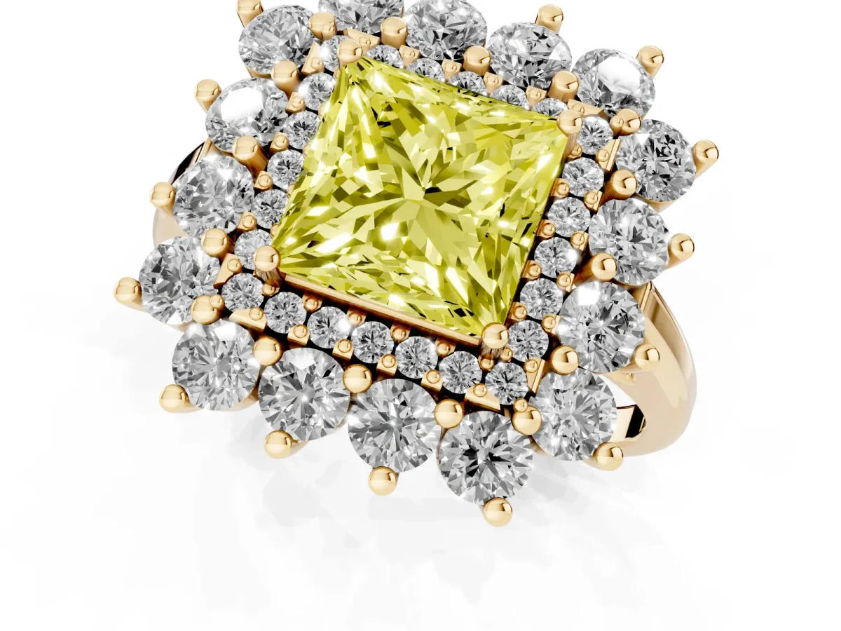 Fancy Yellow Princess Cut Diamond Floral Double Halo Engagement Ring with Prong Setting Yellow gold