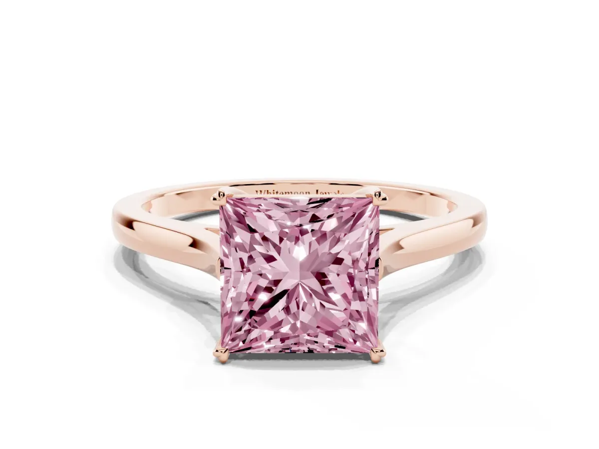 Fancy Pink Princess Cut Solitaire Heart Prong Engagement Ring with Tapered Band Rose gold