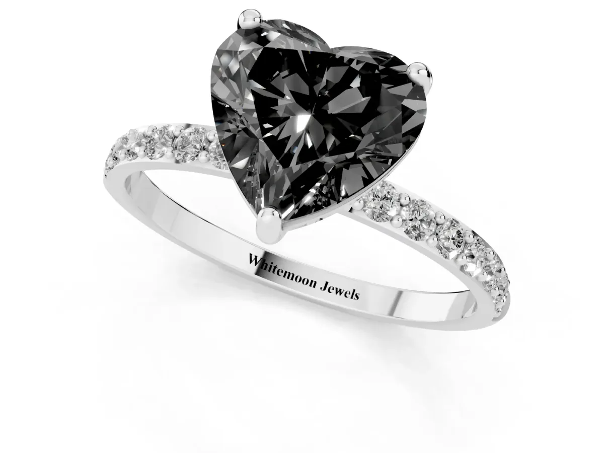 Fancy Black Heart Cut Diamond Solitaire Ring with Round Pavé Band and Prong Setting Silver