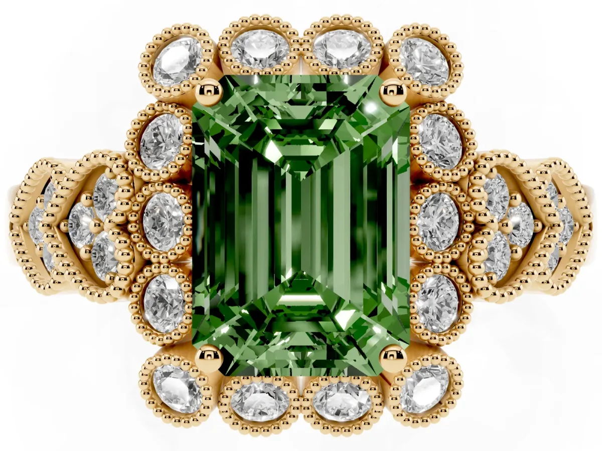 Fancy Green Emerald Cut Brilliant Milgrain Pave Heart Band Solitaire Ring Yellow gold