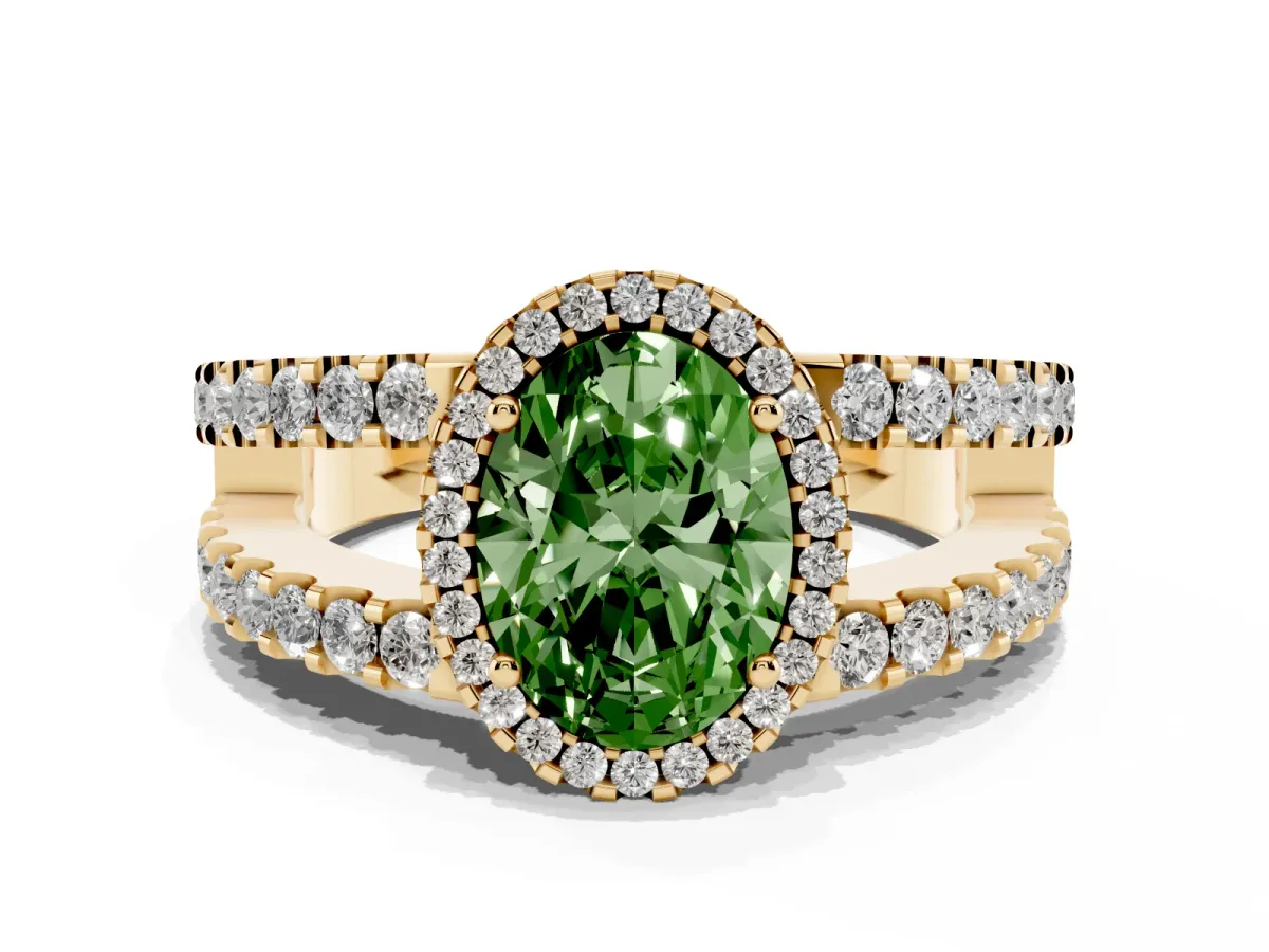 Fancy Green Oval Cut Cut Halo Split Shank Diamond Ring with Four-Prong Setting Yellow gold