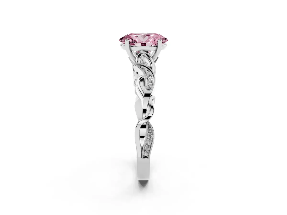 Fancy Pink Oval Cut Solitaire Vine Band with Milgrain Prong Setting Silver