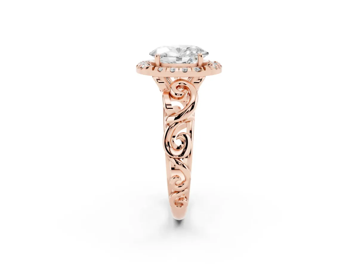 Oval Cut Cut Halo Diamond Ring with Scrollwork Band and Four-Prong Setting Rose gold