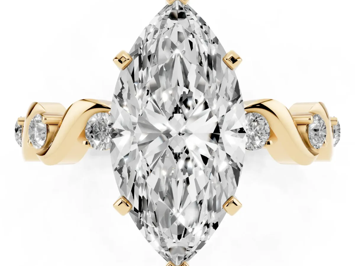 Marquise Cut Diamond Solitaire Twisted Band with Round Accents and Prong Setting Yellow gold