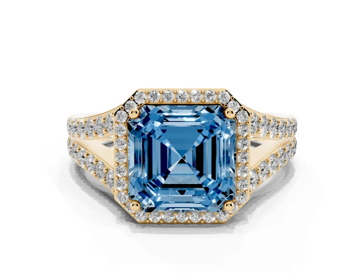 Fancy Blue Asscher Cut Diamond Split Shank Halo Ring with Four-Prong Setting Yellow gold
