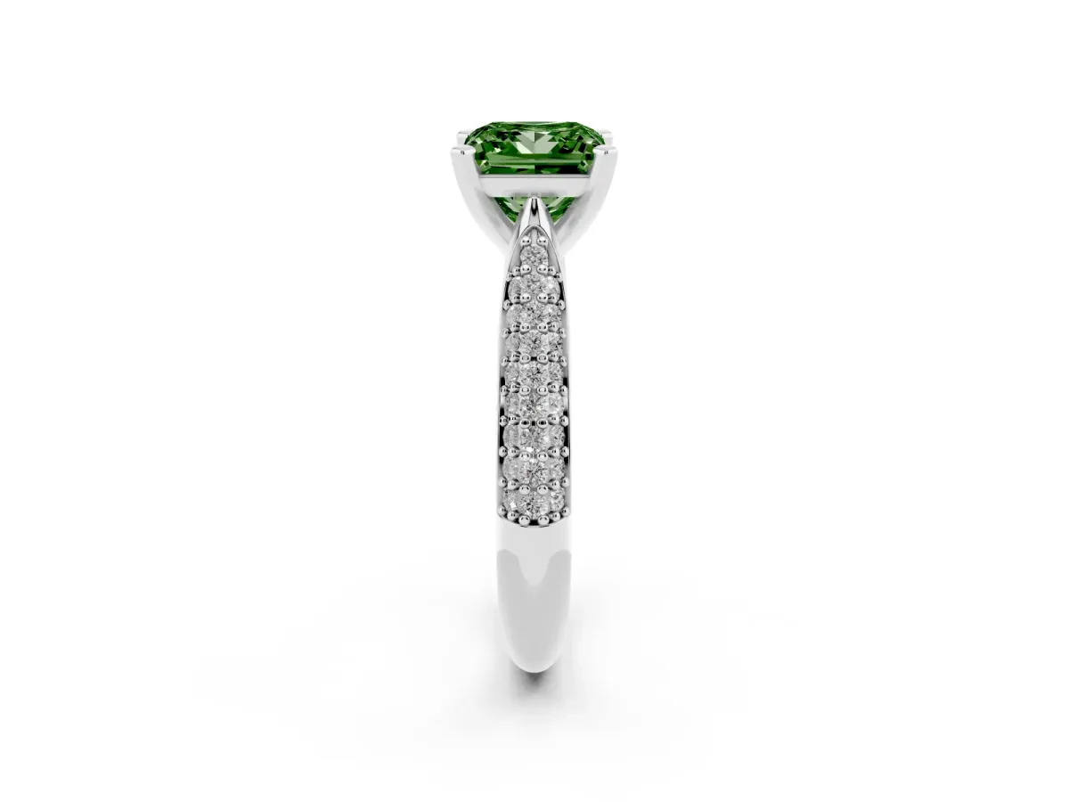 Fancy Green Princess Cut Diamond Solitaire Engagement Ring with Multi-Row Round Pavé Band and Prong Setting Platinum