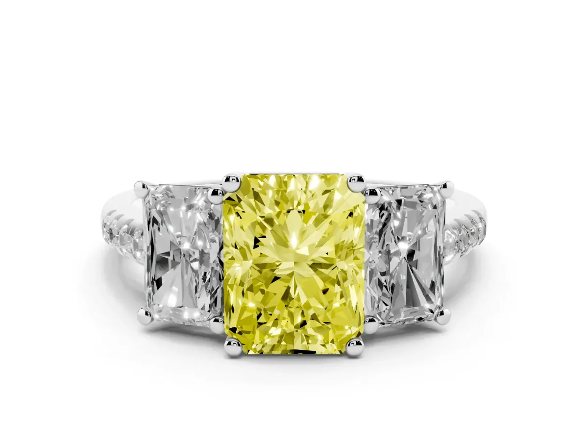 Fancy Yellow Three-Stone Radiant Cut Diamond Ring with Round Pavé Band and Prong Setting Silver