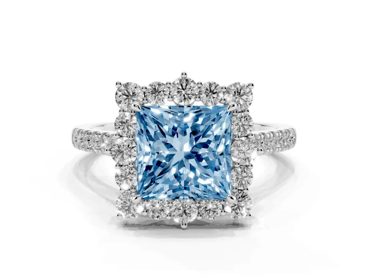 Fancy Blue Princess Cut Halo Diamond Ring with Pavé Band and Prong Setting Platinum