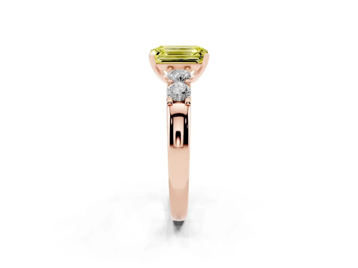Fancy Yellow Emerald Cut Brilliant Cut Diamond Five-Stone Prong Set Engagement Ring with Channel Band Rose gold
