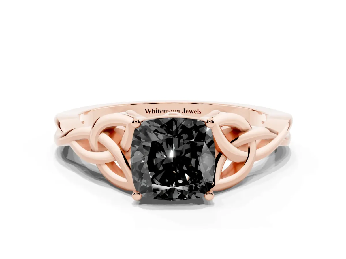 Fancy Black Cushion Cut Diamond Solitaire Engagement Ring with Celtic Knot Band and Four-Prong Setting Rose gold