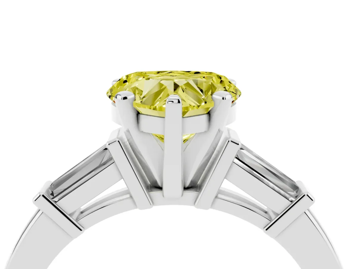 Fancy Yellow Heart Cut Cut Diamond Solitaire Ring with Tapered Baguette Accents and Four-Prong Setting Silver