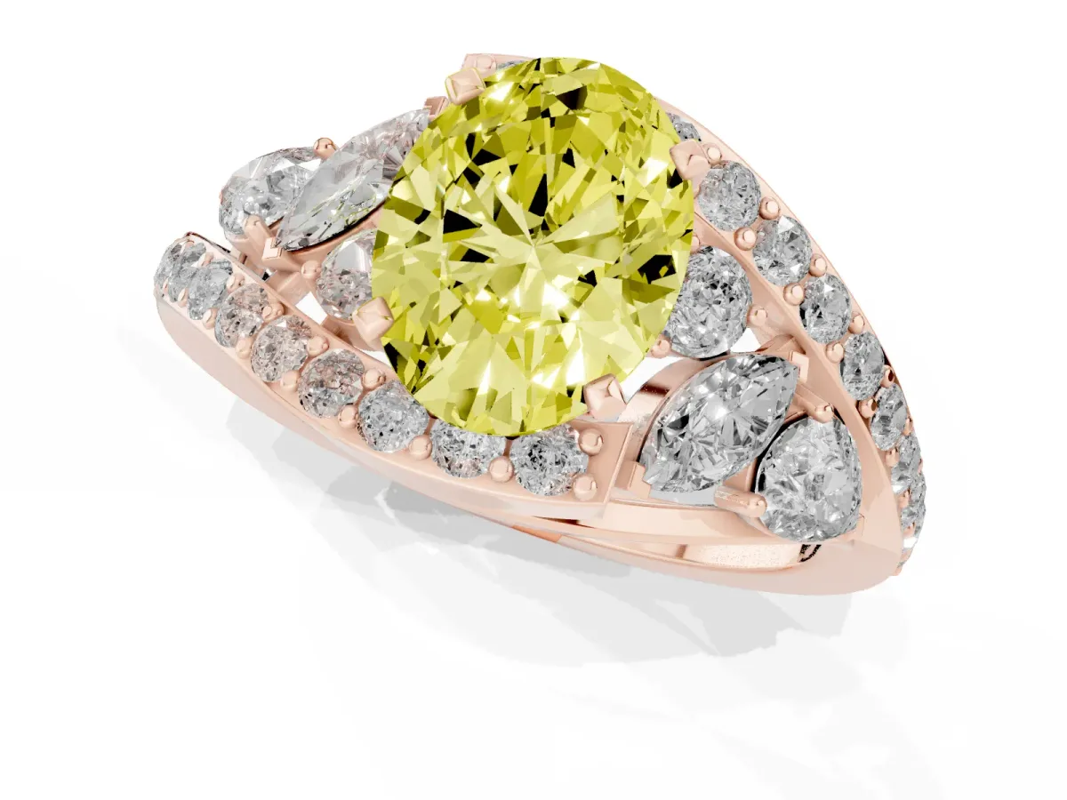 Fancy Yellow Oval Cut Diamond Halo Ring with Marquise and Pavé Band in Prong Setting Rose gold