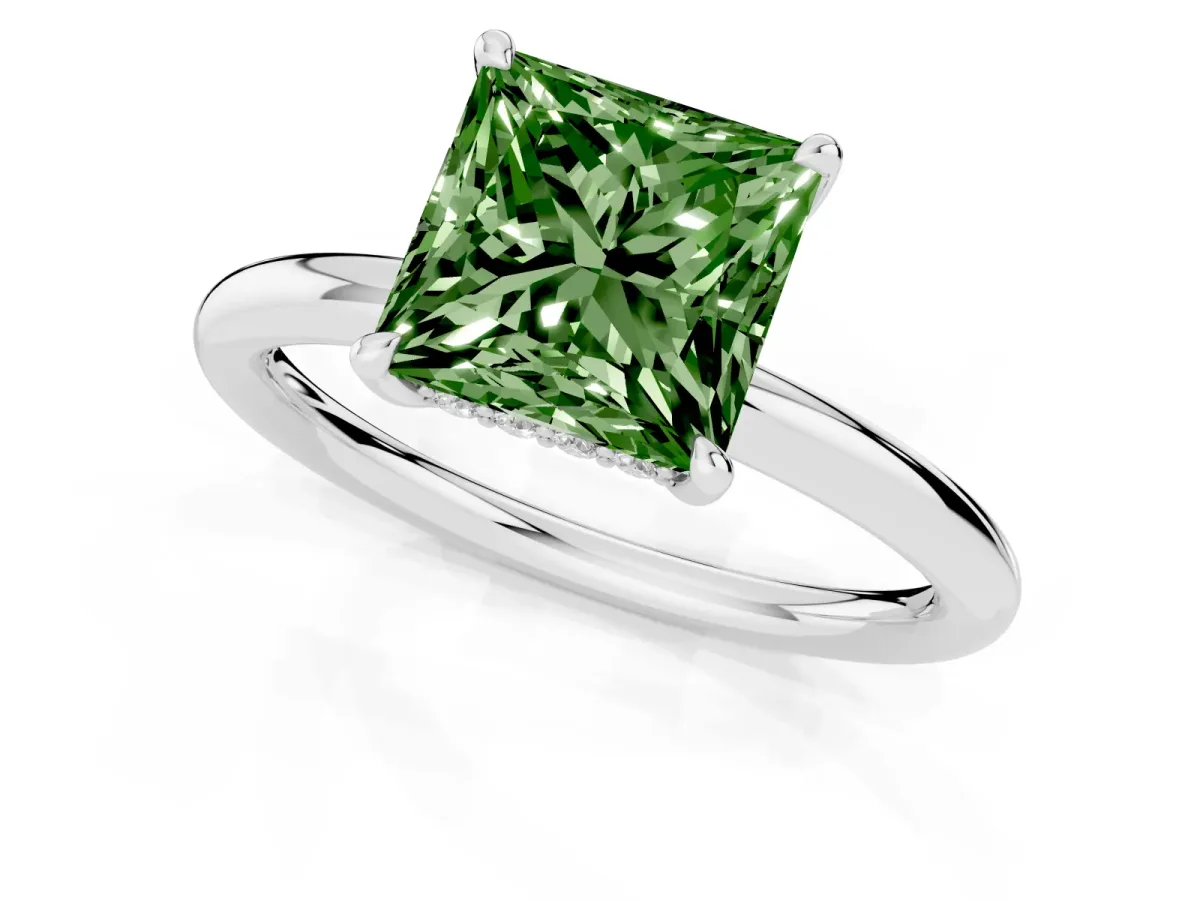 Fancy Green Princess Cut Diamond Solitaire Ring with Thin Band and Four-Prong Setting Silver