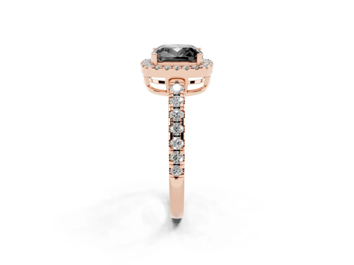 Fancy Black Cushion Cut Diamond Halo Ring with Pavé Band and Four-Prong Setting Rose gold