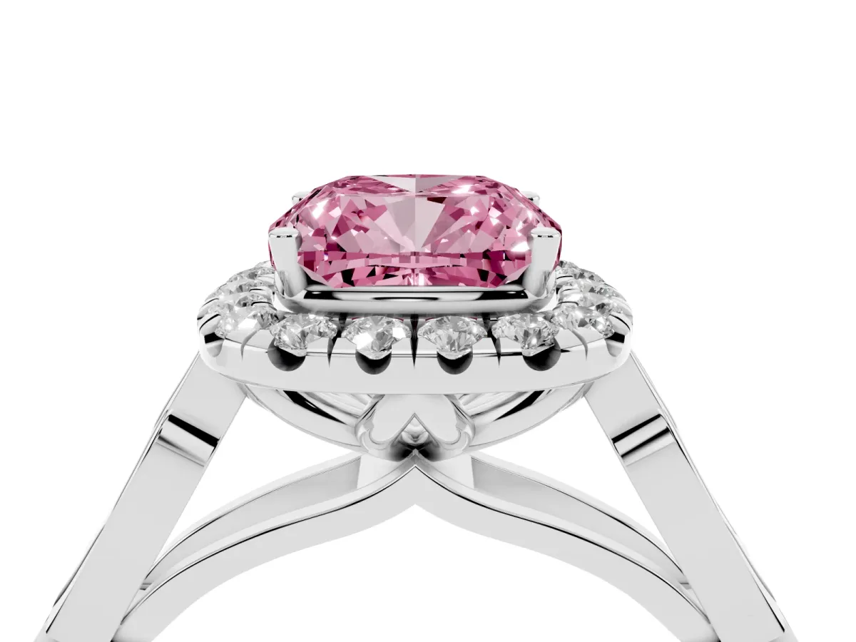 Fancy Pink Cushion Cut Halo Diamond Engagement Ring with Filigree Band and Four-Prong Setting Platinum