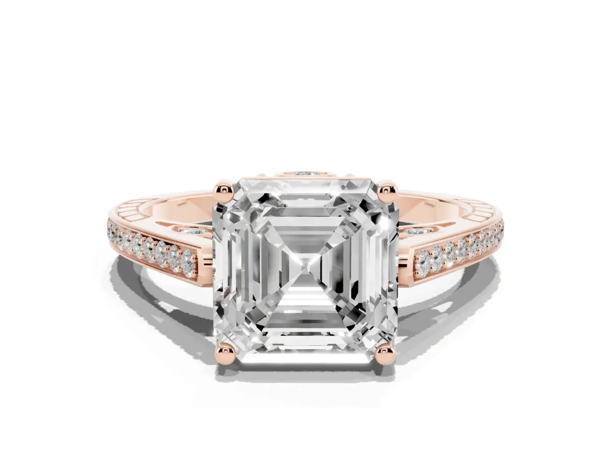 Asscher Cut Cut Cathedral Pave Diamond Engagement Ring with Six-Prong Setting Rose gold