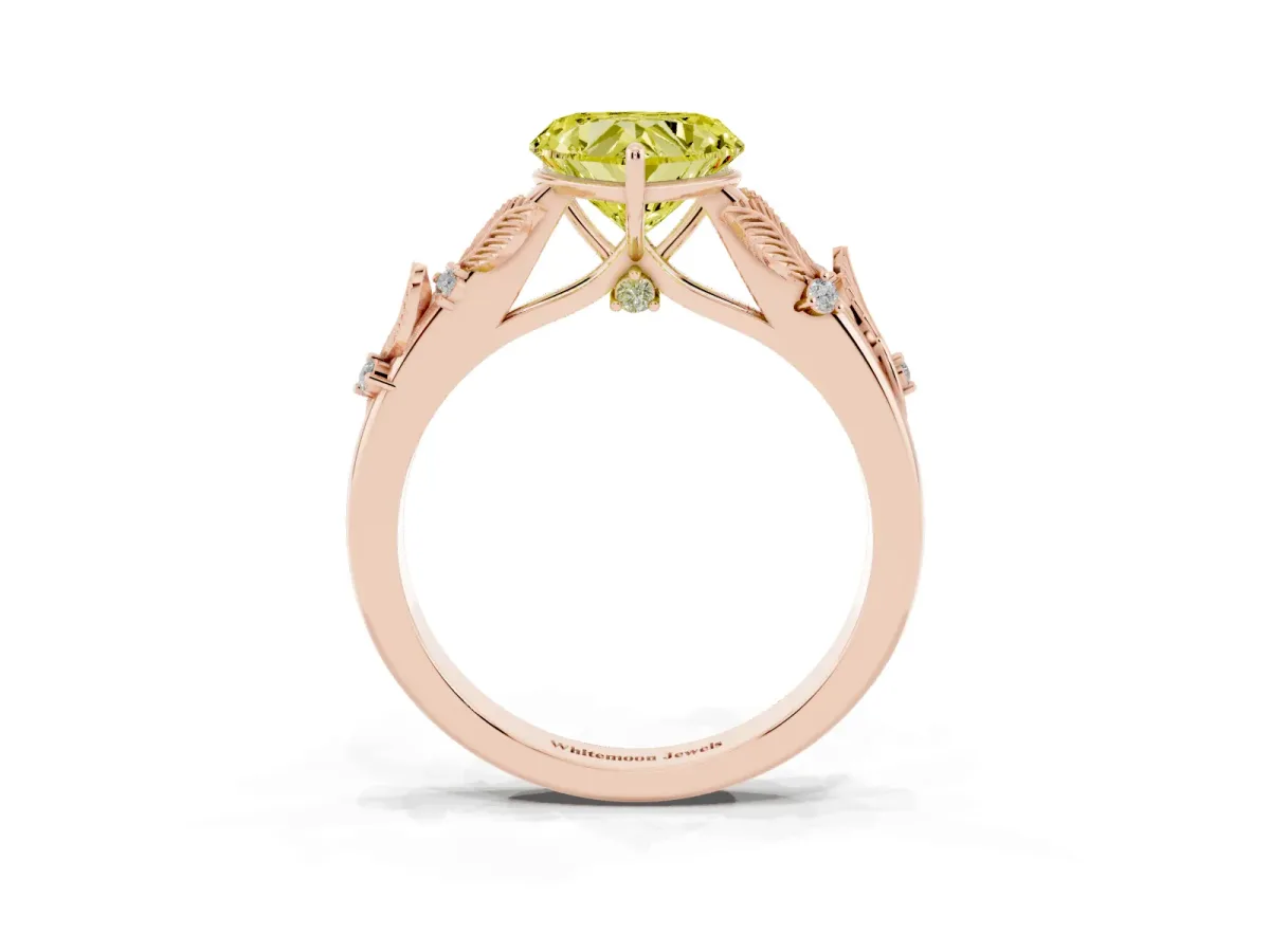 Fancy Yellow Heart Cut Diamond Solitaire Ring with Leaf Motif Band and Four-Prong Setting Rose gold