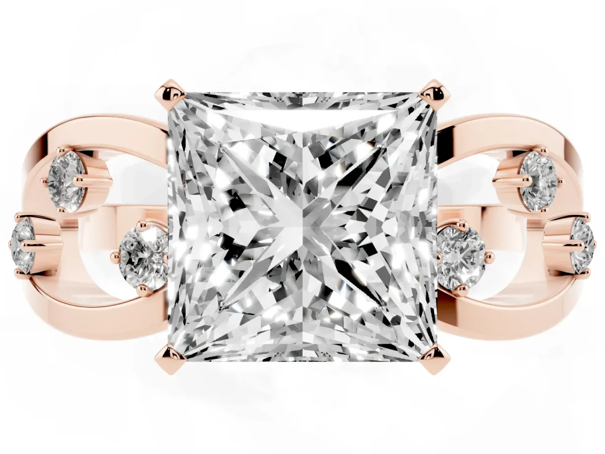 Princess Cut Cut Solitaire Diamond with Side Stones on Criss-Cross Band and Four-Prong Setting Rose gold