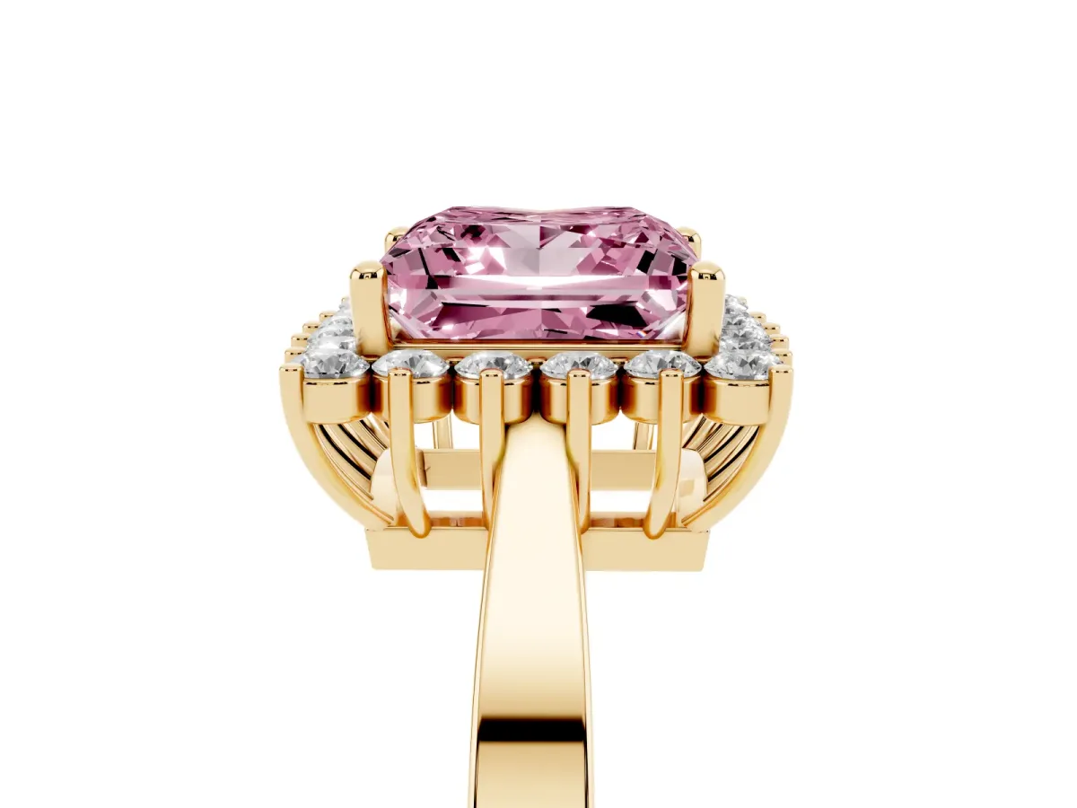 Fancy Pink Princess Cut Cut Diamond Halo Ring with Round Brilliant Halo and Solitaire Band Yellow gold