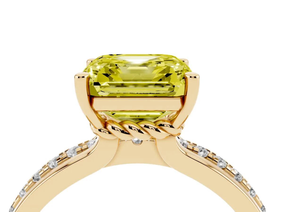 Fancy Yellow Asscher Cut Solitaire Diamond Ring with Channel Set Band and Six-Prong Setting Yellow gold