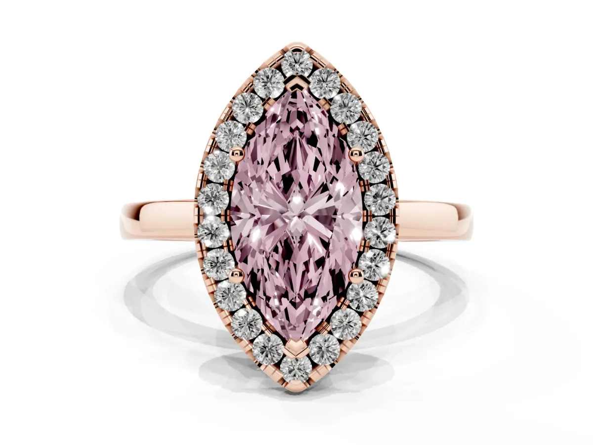 Fancy Pink Marquise Cut Halo Diamond Solitaire with Pavé Band and Four-Prong Setting Rose gold