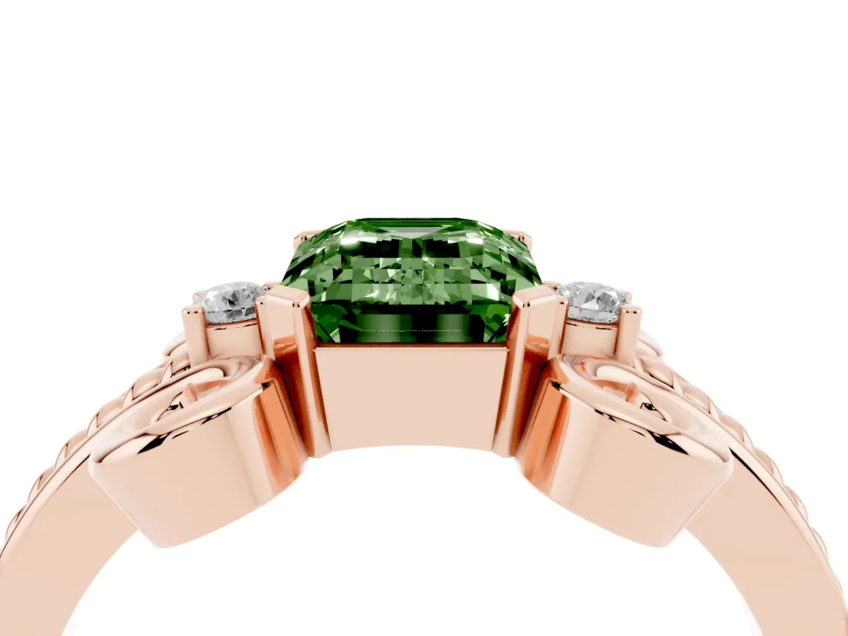 Fancy Green Emerald Cut Solitaire Twisted Band Scroll Prong Ring Rose gold