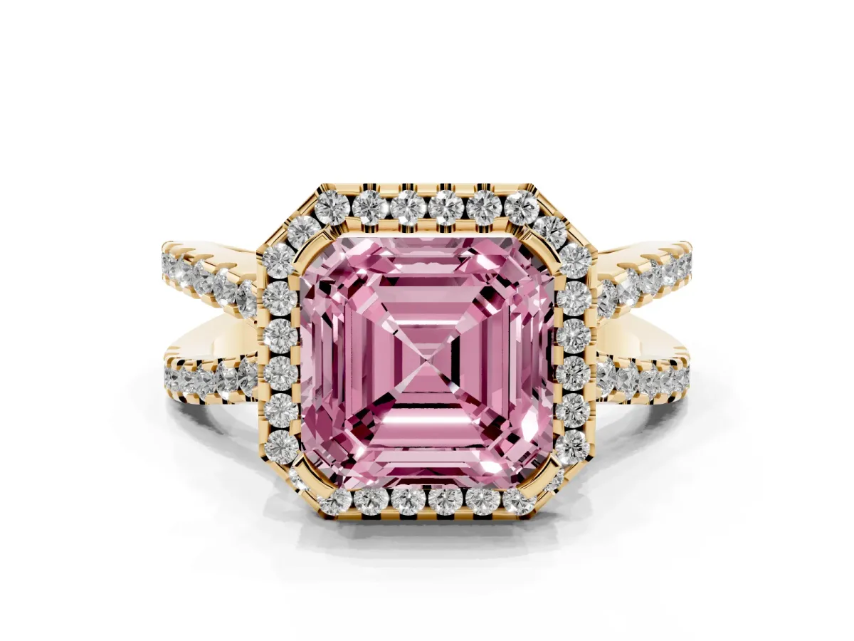 Fancy Pink Asscher Cut Diamond Halo Ring with Split Shank Pavé Band and Prong Setting Yellow gold