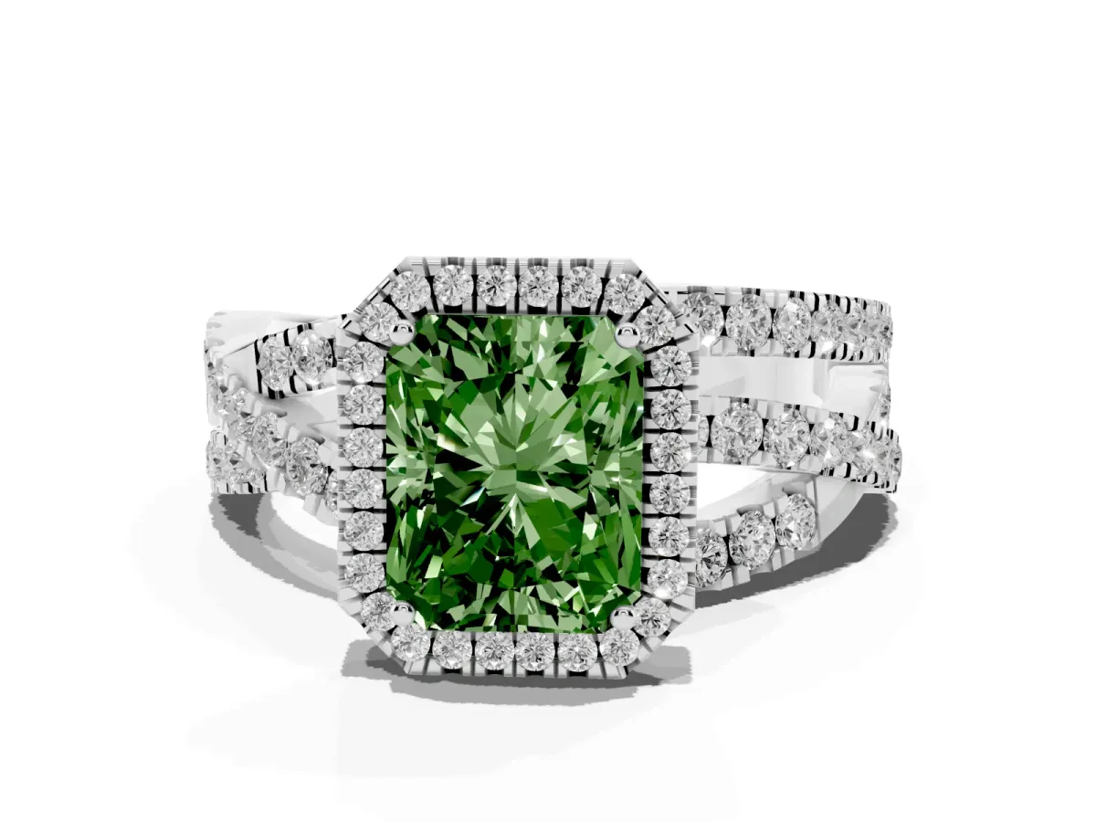 Fancy Green Radiant Cut Diamond Halo Ring with Round Split Shank and Prong Setting Silver