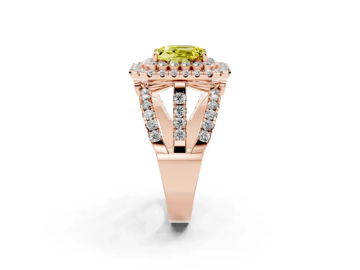 Fancy Yellow Emerald Cut Diamond Double Halo Ring with Round Pavé Split Shank and Prong Setting Rose gold