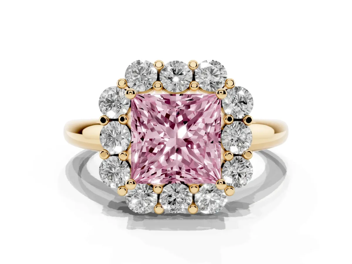 Fancy Pink Princess Cut Halo Milgrain Solitaire with Bezel Set Side Stones and Pave Band Yellow gold