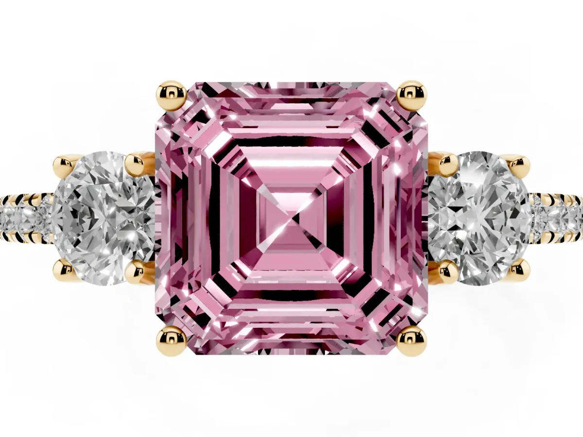 Fancy Pink Three-Stone Asscher Cut Cut Diamond Pavé Band with Prong Setting Yellow gold