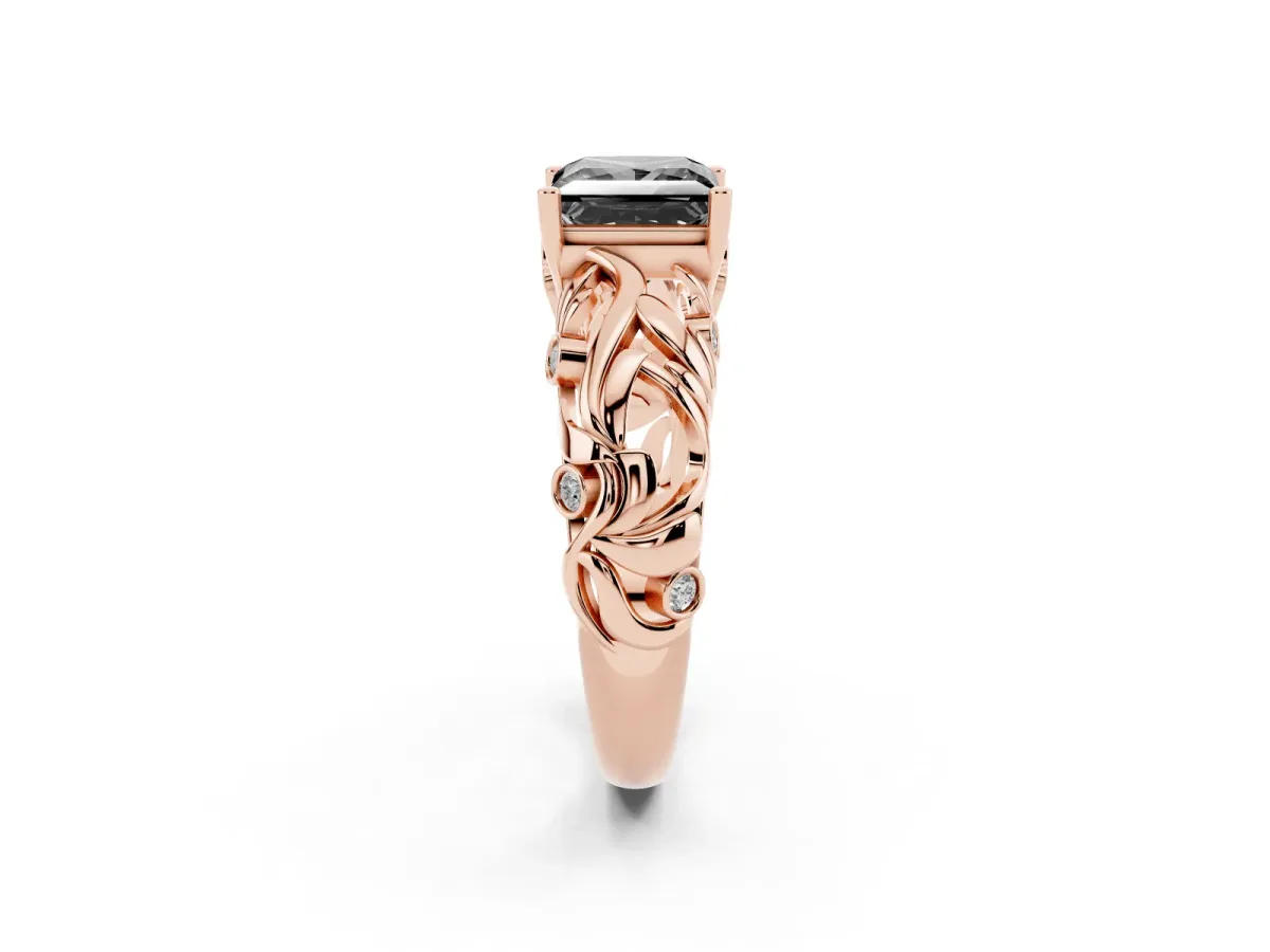 Fancy Black Princess Cut Solitaire Diamond Leaf-Inspired Vine Band Ring with Prong Setting Rose gold