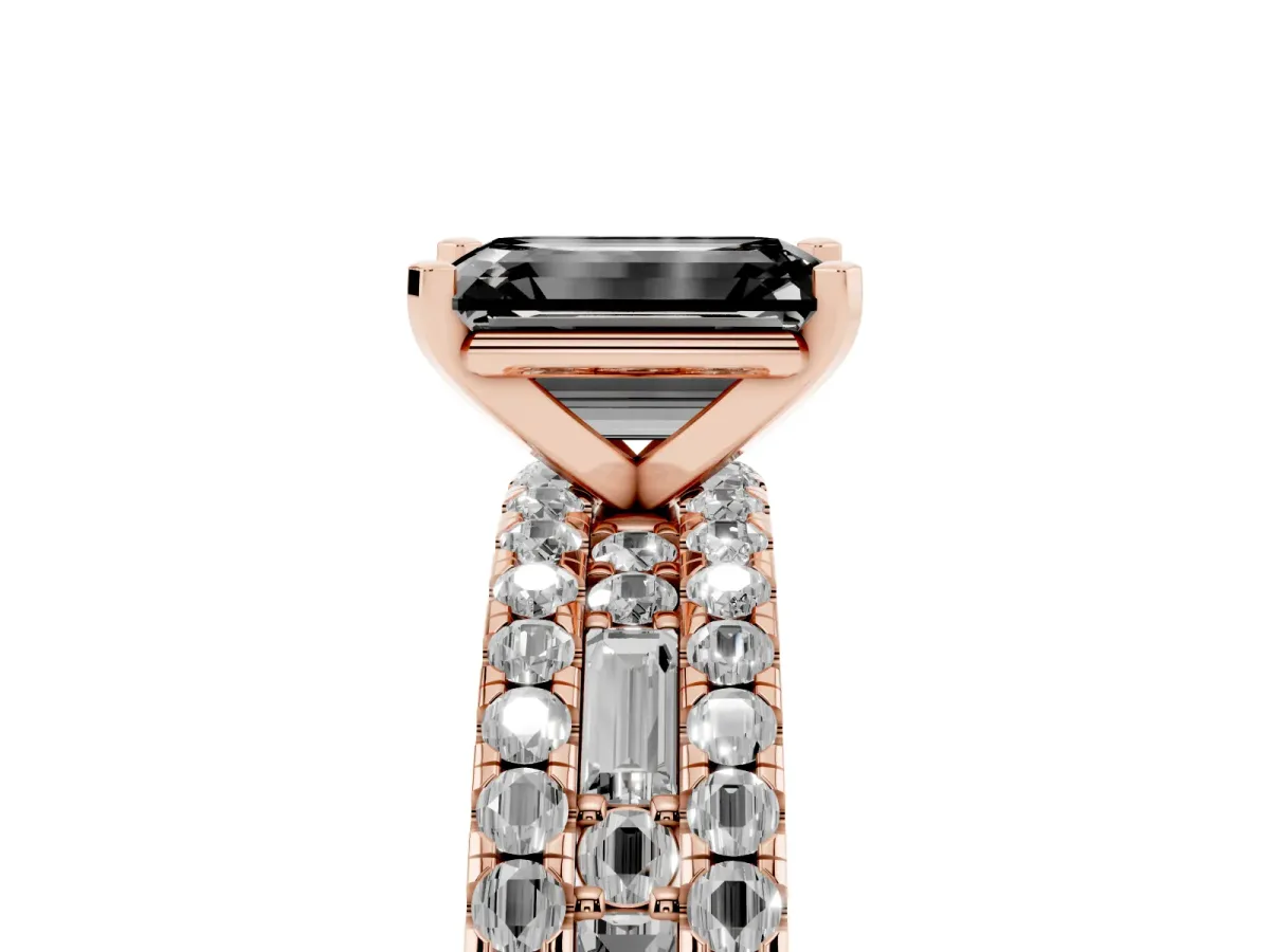 Fancy Black Emerald Cut Diamond Solitaire Ring with Pavé and Channel Set Band Rose gold