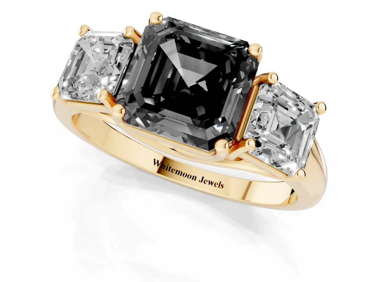 Fancy Black Three-Stone Asscher Cut Diamond Engagement Ring with Prong Setting Yellow gold