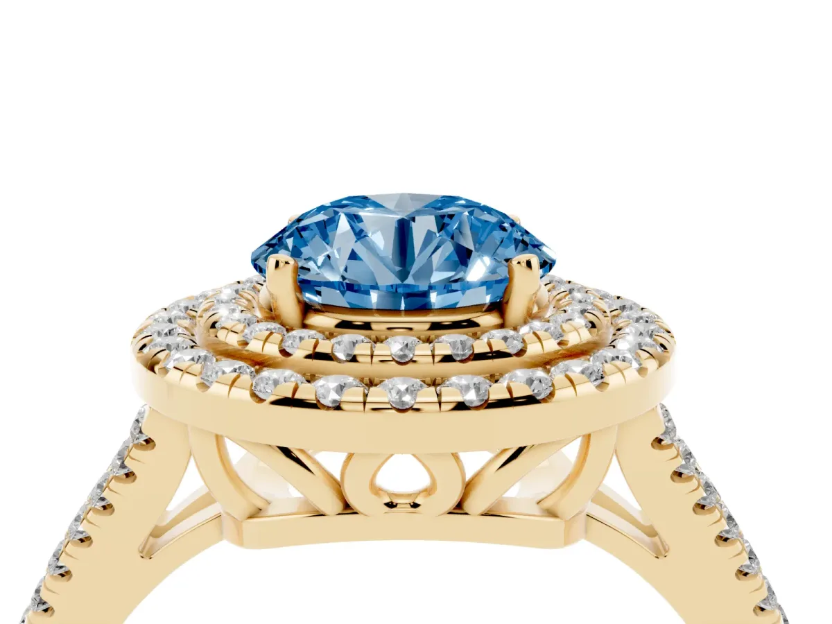 Fancy Blue Round Cut Diamond Double Halo Ring with Pavé Band and Prong Setting Yellow gold