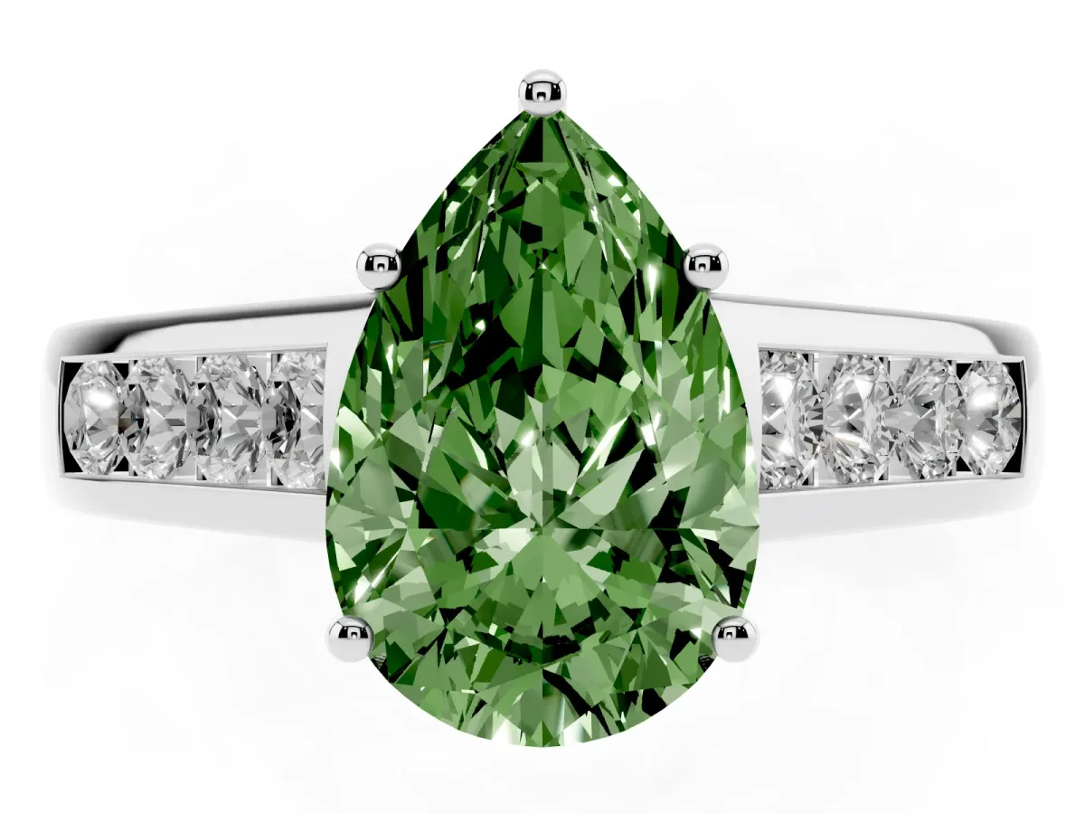 Fancy Green Pear Cut Solitaire Channel-Set Diamond Engagement Ring with Four-Prong Setting Platinum
