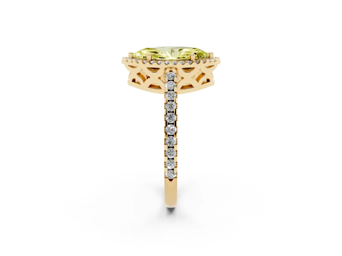 Fancy Yellow Marquise Cut Diamond Halo Engagement Ring with Pavé Band and Prong Setting Yellow gold