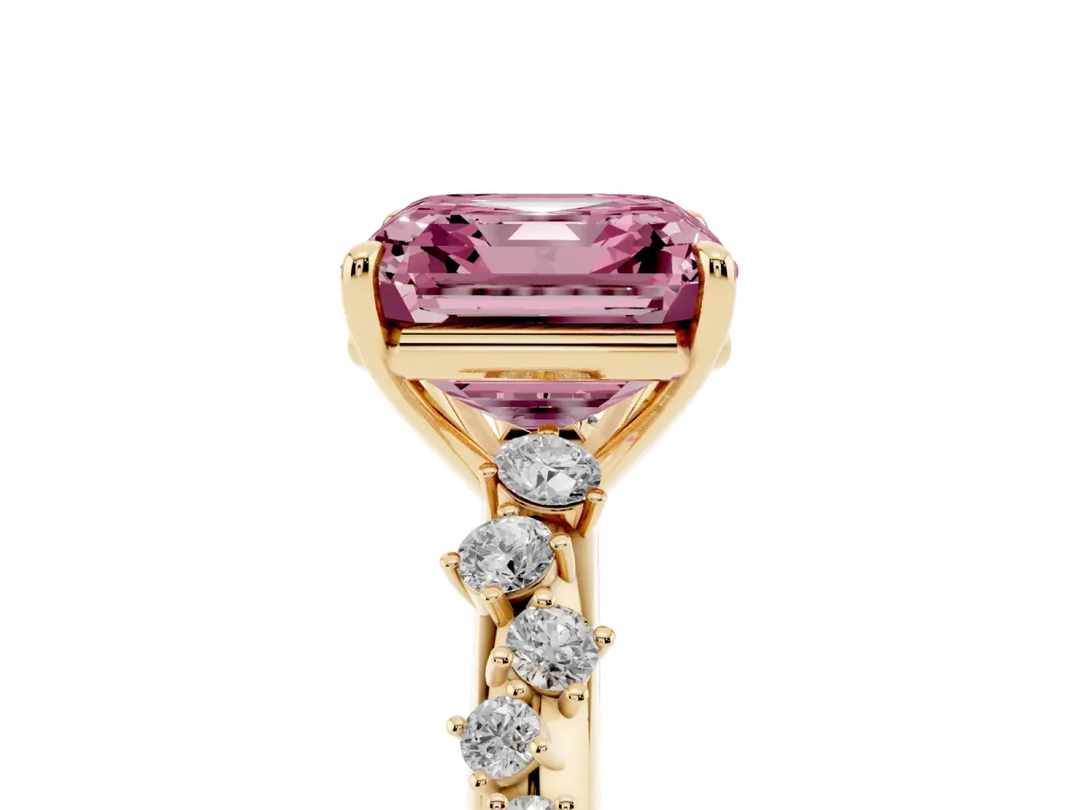 Fancy Pink Asscher Cut Diamond Cluster Side Stone Solitaire Ring with Prong Setting Yellow gold