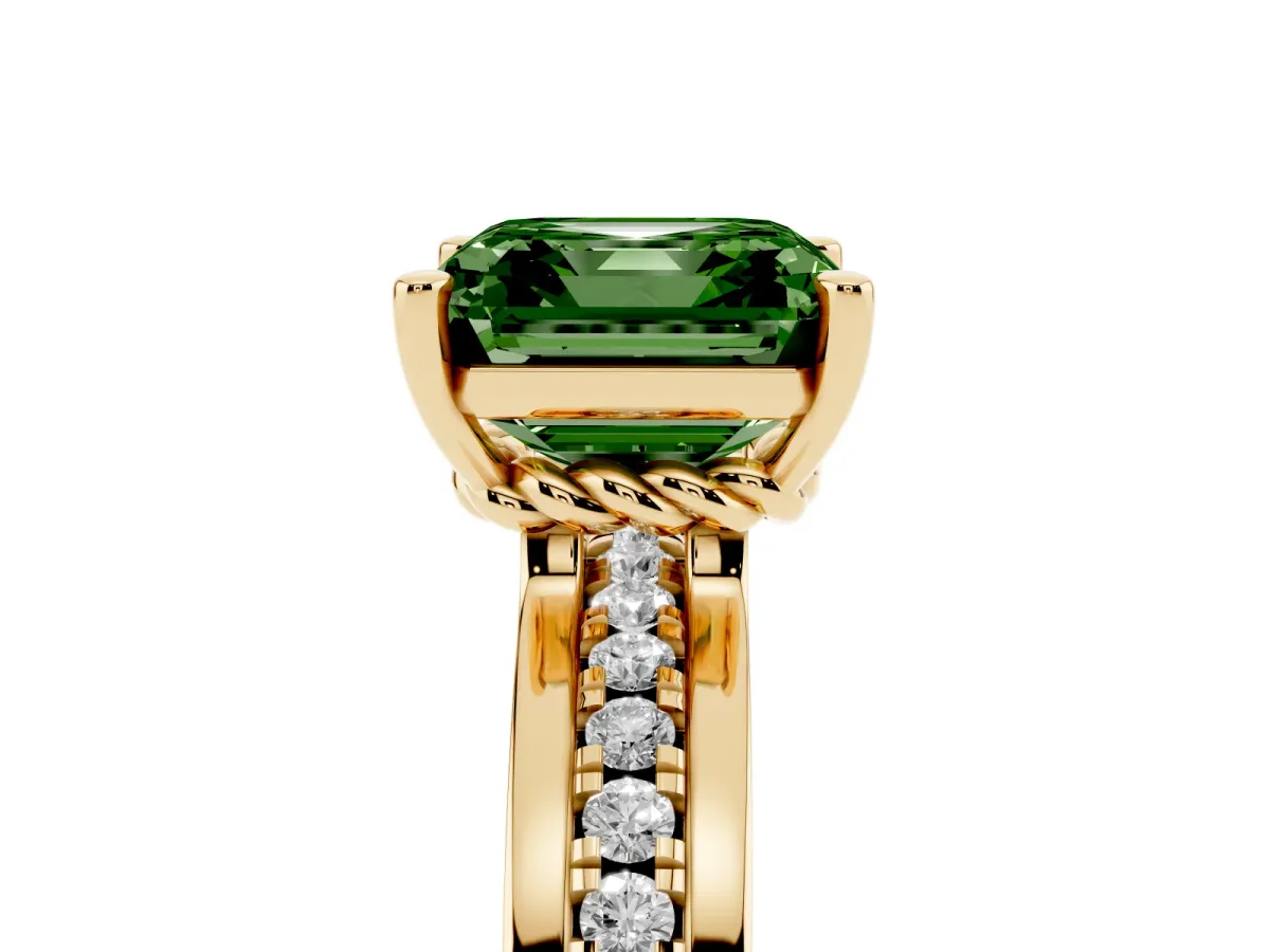 Fancy Green Asscher Cut Solitaire Diamond Ring with Channel Set Band and Six-Prong Setting Yellow gold