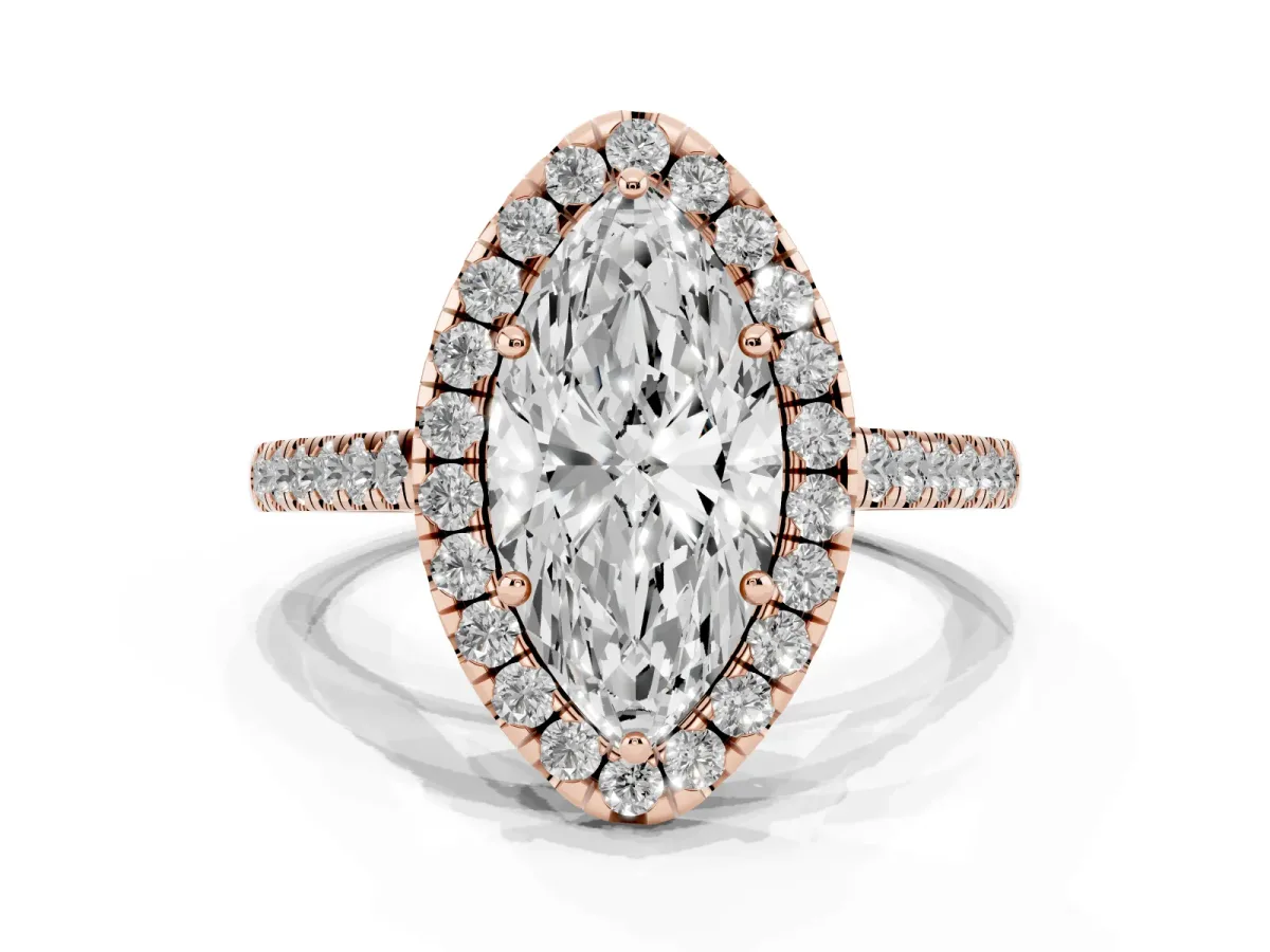 Marquise Cut Halo Pave Diamond Engagement Ring with Four-Prong Setting Rose gold