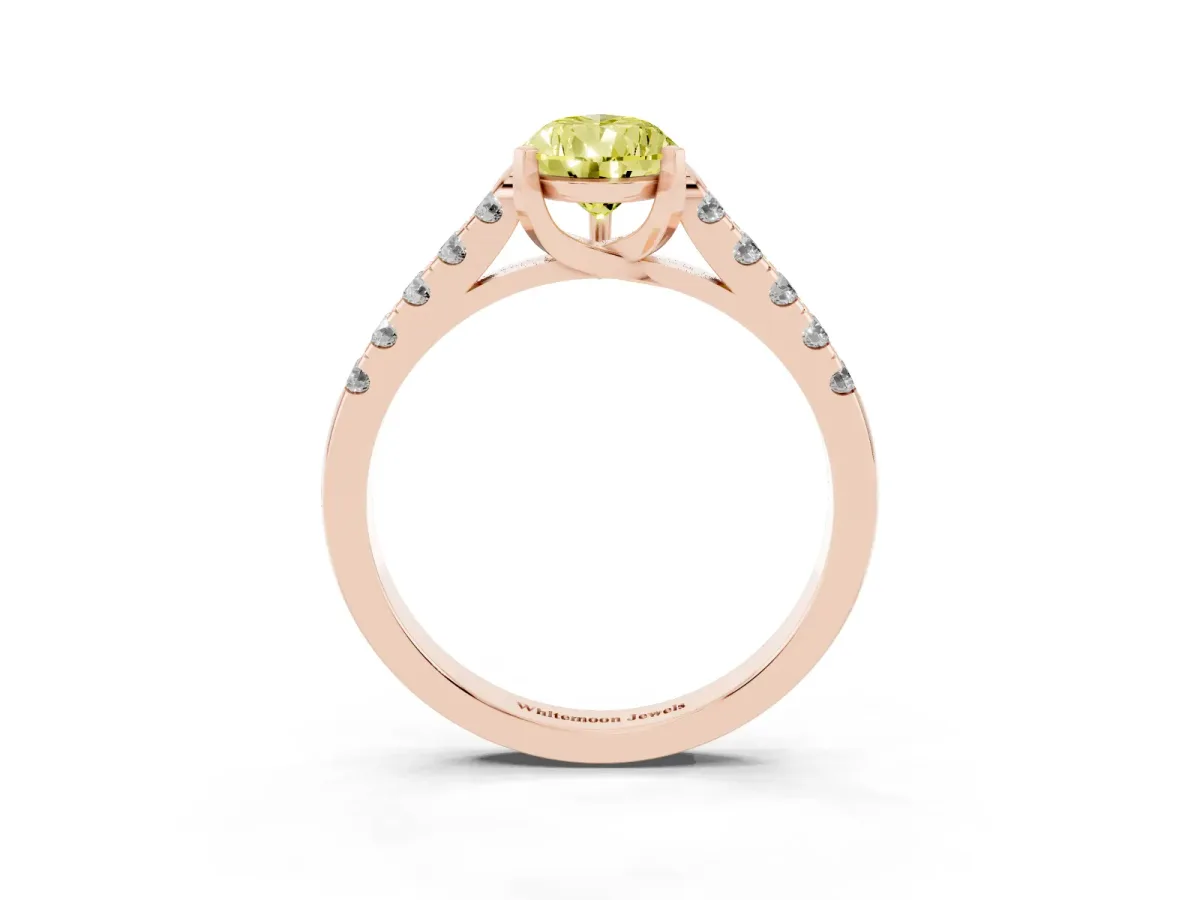 Fancy Yellow Pear Cut Diamond Pavé Band Solitaire Ring with Prong Setting Rose gold