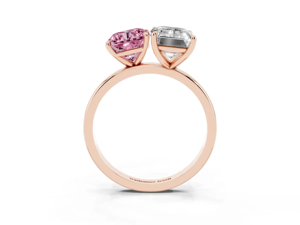 Fancy Pink Cushion Cut and Emerald Cut Toi Moi Ring with Prong Setting Rose gold