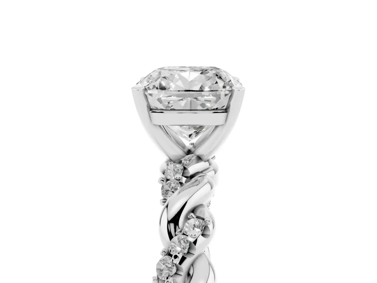 Cushion Cut Diamond Solitaire Ring with Twisted Band and Pavé Accents Platinum